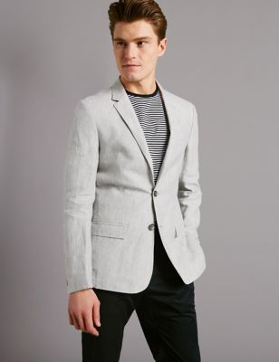 Grey Pure Linen Slim Fit Jacket
